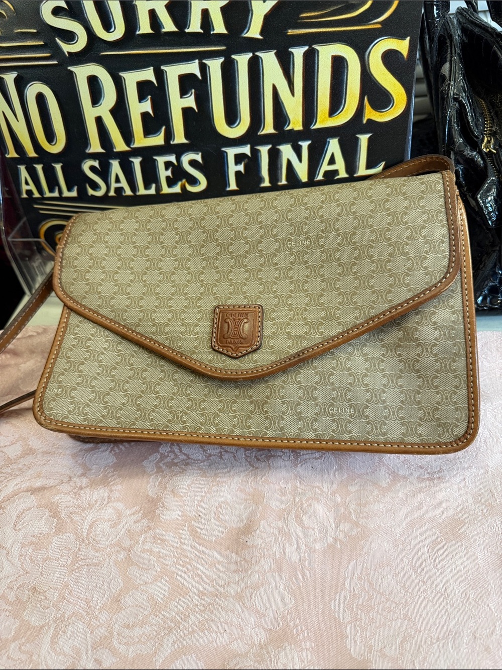 Celine Beige Monogram Shoulder Bag with Tan Trim